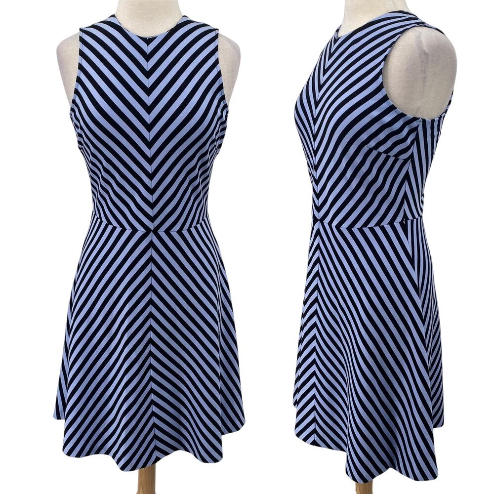 J Mclaughlin Courtney Mini Dress Stripe Pattern Fit & Flare Blue Black M